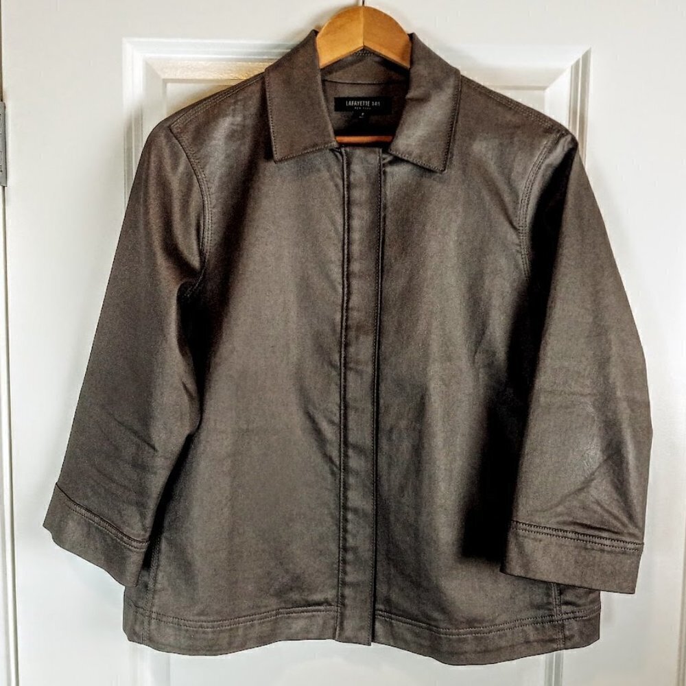 Lafayette 148 Taupe Cotton Denim Zip Front Jacket